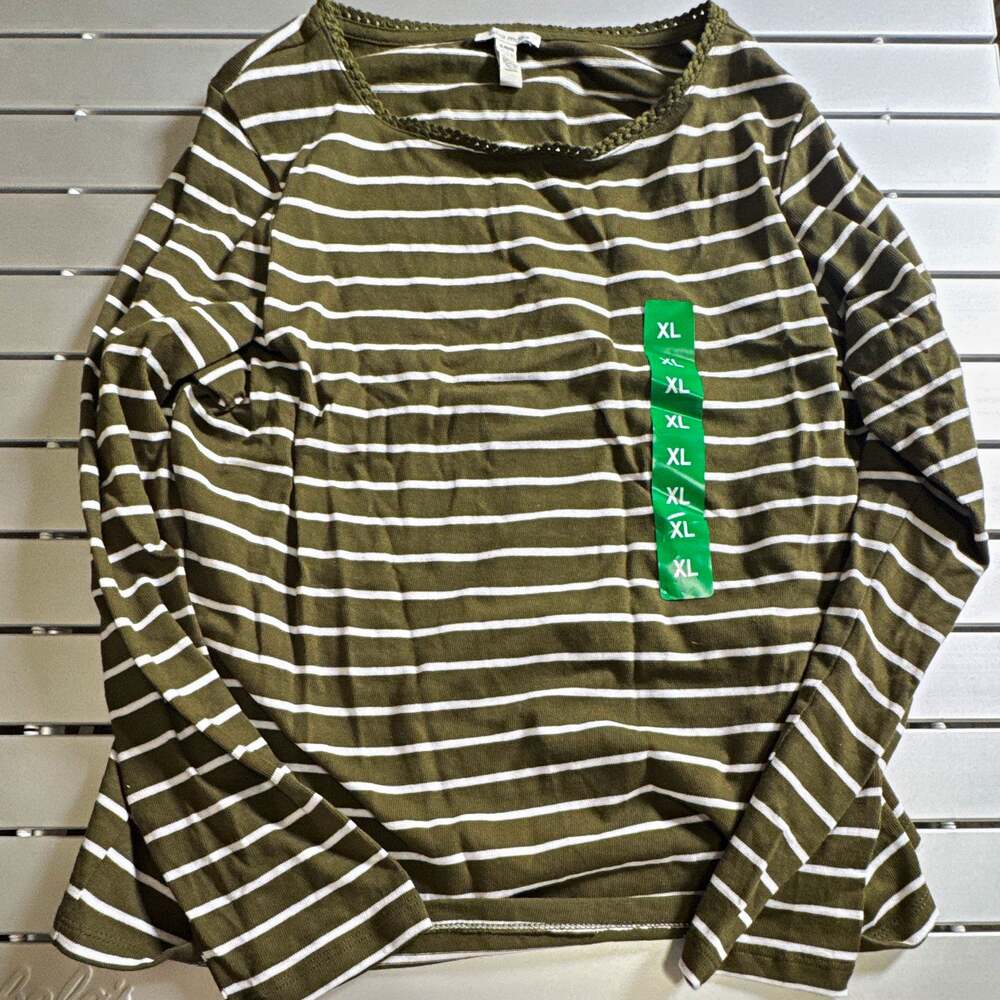 Ella Moss Women's Green/White Striped Knit Crochet Accent Round Neck Top XL